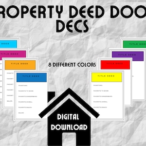 以下が含まれることがあります： 異なる色の「所有権証」カード8枚：青、ピンク、黄、緑、紫、赤、オレンジ、水色。カードには、「出身地」、「好きなテレビ番組」、「好きな歌手/バンド」、「好きな動物」、「好きな軽食」などの情報を書き込むための空白があります。カードには黒い文字で「所有権証」とラベル付けされています。画像には、黒いシルエットの家と「デジタルダウンロード」というテキストも含まれています。