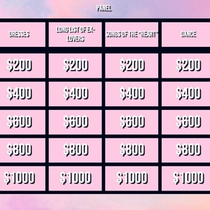 May include: A pink and white price chart with the headings "Lyrics of "Love"", "Dresses", "Long List of Ex-Lovers", "Songs of the "Heart"", "Dance", and "Wedding Bells". The chart shows prices of $200, $400, $600, $800, and $1000.