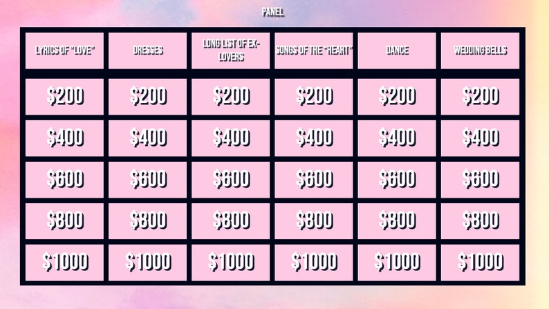 May include: A pink and white price chart with the headings "Lyrics of "Love"", "Dresses", "Long List of Ex-Lovers", "Songs of the "Heart"", "Dance", and "Wedding Bells". The chart shows prices of $200, $400, $600, $800, and $1000.