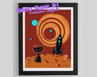 Mid century cat art print, retro vintage style atomic astronaut black cat with a space age rocket red background  11x14in animal lover gift