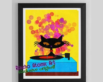 Mid century cat art print, retro style curious record spinning DJ club turntable cat with party lights 11x14 inch giclee animal lover gift