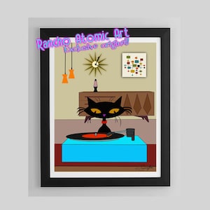 Mid century cat art print, retro vintage style curious record spinning DJ club cat at the turntable 11x14 inch giclee cat lover gift