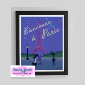 Mid Century Cat Art Print French Vintage Style Travel Poster Bienvenue a Paris Cats with Eiffel Tower 11x14 Giclee Blue Pink Variations