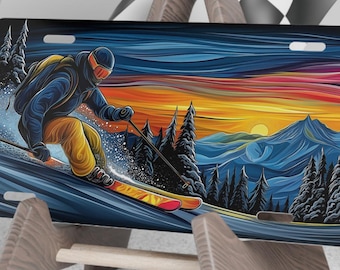 Ski Art License Plate, Mountain Sunset Skier Skiing, Winter Sports Lover Car Tag