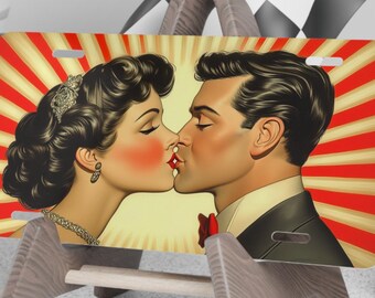 Kissing Couple License Plate, Metal Car Tag