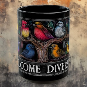 May include: Black ceramic mug featuring a colorful illustration of various birds perched on tree branches. The mug has the words "WELCOME DIVERSITY" in white lettering. The birds are in shades of red, yellow, blue, and orange.