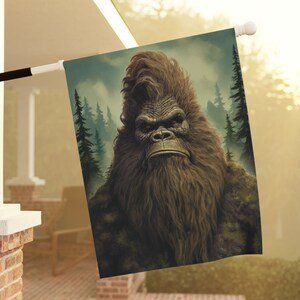 Bigfoot Flag Campground Decor, Pacific Northwest Sasquatch Banner, Outdoor Vertical Yard Art, Cryptid Wall Hanging