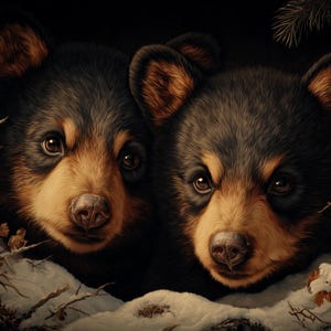 May include: A digital painting of two black bear cubs with brown and tan fur, nestled in a snowy forest setting. The bears are surrounded by branches, red berries, and pine needles, creating a cozy, wintery scene.