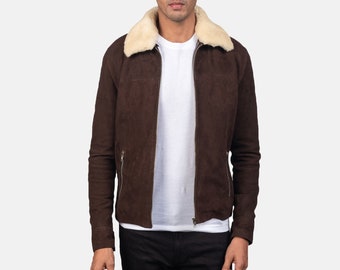 Coffmen Men s Brown Suede Fur Shearling Jacket Handmade Fur Collar