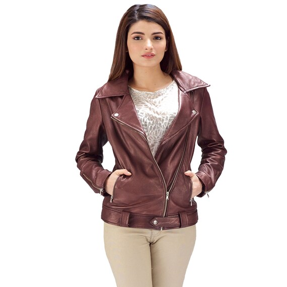 Rumy Women's Maroon Leather Biker Jacket | Sheepskin Leather Biker Jacket for Women | Women Maroon Biker Leather Jacket