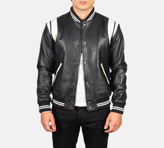 Black leather varsity jacket mens sale