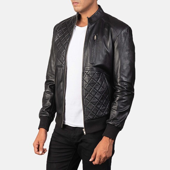 Moda Maroon and Black Quilted Leather Bomber Jacket for Men | Handmade Men's Black and Maroon Quilted Bomber Leather Jacket