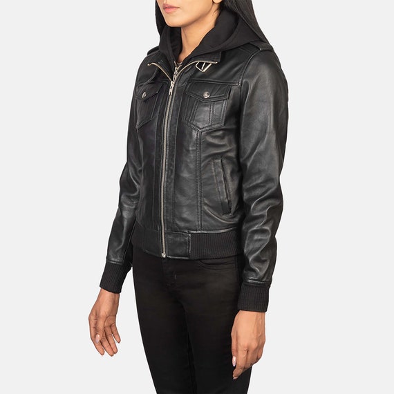 Roslyn Women Leather Hooded Bomber Jacket Handmade Black and Brown