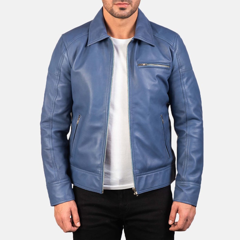Lavendard Men's Brown and Blue Leather Biker Jacket Handmade Blue and ...