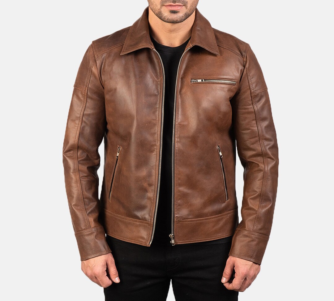 Lavendard Men's Brown and Blue Leather Biker Jacket Handmade Blue and ...