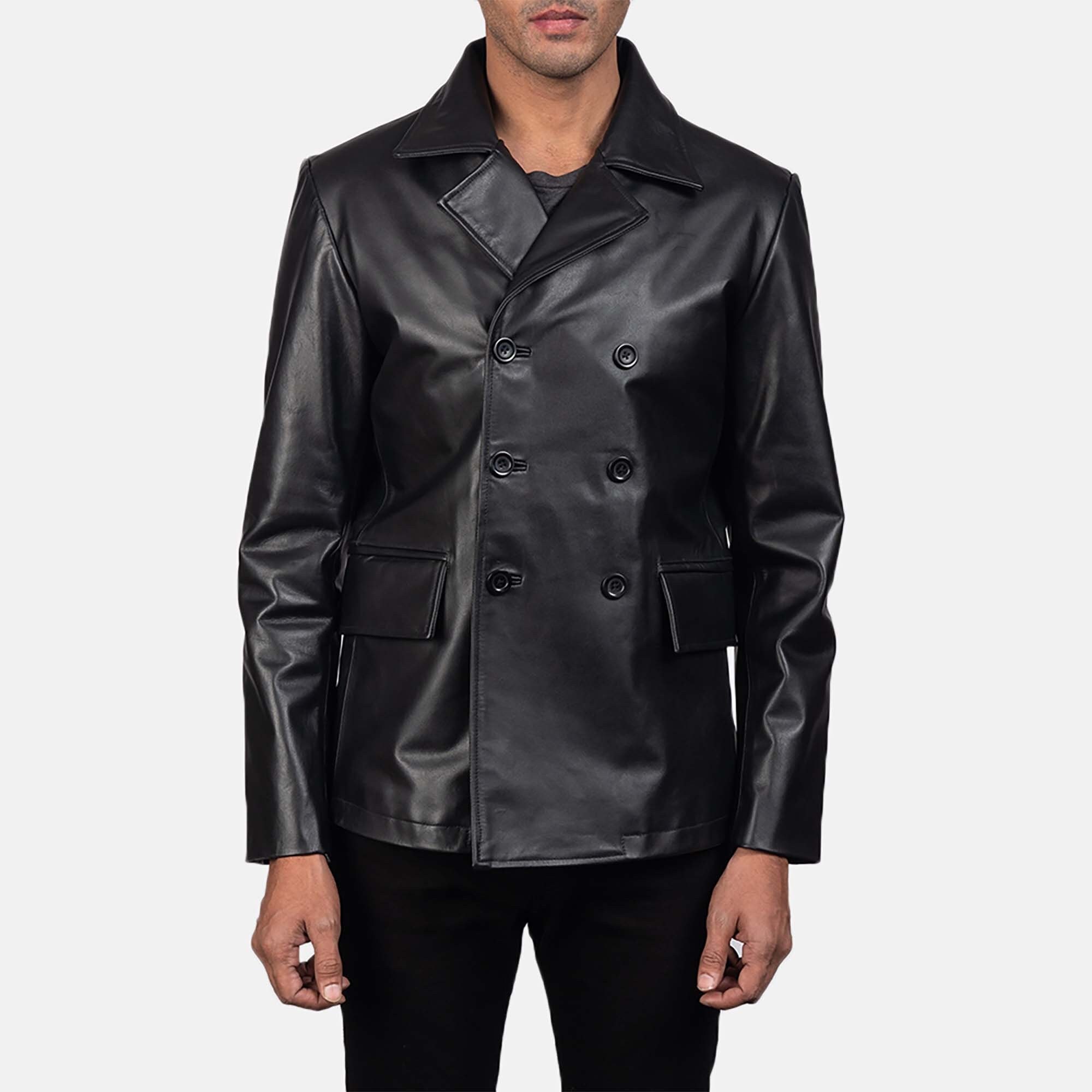 Mens black shop leather peacoat