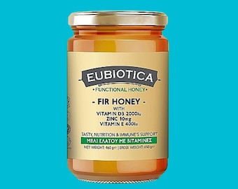 Miel de abeto funcional griega ULTRA PREMIUM, primera del mundo, vitamina D3 y E, zinc, 460 g (16,22 oz)