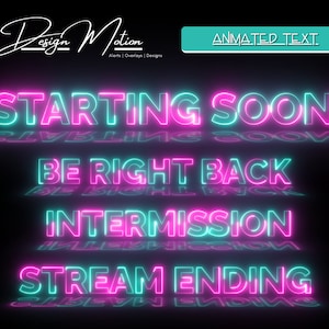 Testo animato della scena al neon che inizia presto, torna subito, intervallo, testo di fine streaming in rosa e verde con sfondo trasparente