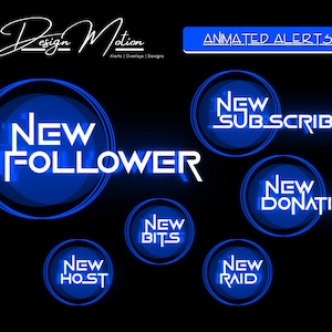 Animierte Neon Blau Twitch Glitch Alerts, Follower, Abonnenten, Donation, Host, Bits & Raid mit transparentem Hintergrund