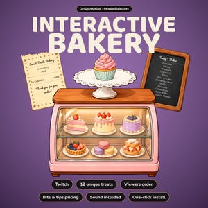 May include: A digital graphic titled INTERACTIVE BAKERY featuring a pink display case with various cakes and pastries. Above sits a cupcake on a white stand. To the sides are a paper order form and a chalkboard menu listing baked goods.