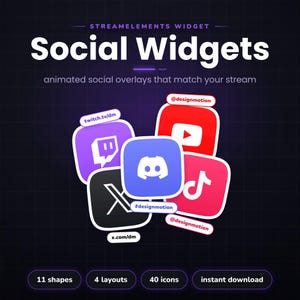 Può includere: Una visualizzazione grafica digitale con icone di social media per widget StreamElements, tra cui Twitch, YouTube, Discord, TikTok e X. Le icone sono raggruppate con etichette come twitch.tv/dm, @designmotion e x.com/dm su uno sfondo a griglia scuro.