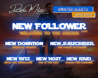 May include: Animated alerts for Twitch streams with a Star Wars theme. The alerts are in blue and white text with a black background. The text includes "New Follower", "New Donation", "New Subscriber", "New Bits", "New Host", and "New Raid".