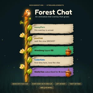 以下が含まれることがあります： Forest Chatというタイトルのデジタルグラフィック。小さなフクロウ、緑の葉、白い花が描かれた垂直の木の枝が特徴です。ベージュ、緑、紫の5つのチャットメッセージボックスが表示されており、どんぐりのアイコンとユーザー名が含まれています。