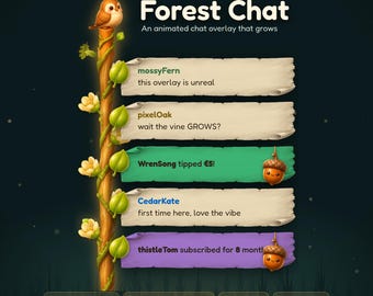 Widget de chat Twitch Forêt, superposition de chat animée et chaleureuse, boîte de chat StreamElements avec vigne grimpante, décor cottagecore pour OBS