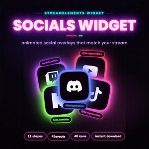 May include: A digital social media widget set featuring neon-glowing icons for Discord, Twitch, YouTube, and TikTok. The display includes text labels like twitch.tv/dm and @designmotion, with a dark background and glowing borders in pink, blue, and green.