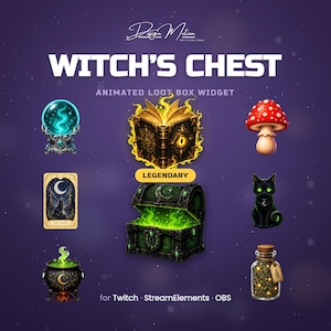 May include: A digital graphic set titled WITCH'S CHEST ANIMATED LOOT BOX WIDGET for Twitch, StreamElements, and OBS. It features a glowing spellbook, a green treasure chest, a crystal ball, a tarot card, a mushroom, a black cat, and a potion bottle.