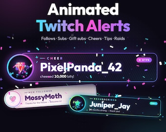 Alertes Twitch animées, alertes de stream pour StreamElements, pack d'alertes Follow Sub Cheer Tip Raid, overlay Twitch néon et kawaii
