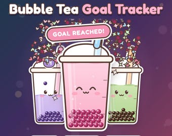 Rastreador de objetivos de Twitch, widget de objetivos de suscripción, objetivo de transmisión animado de té de burbujas kawaii para seguidores, bits y propinas, StreamElements, superposición linda de Twitch