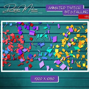 May include: Animated Twitch bits falling video overlay design. The image features colorful, geometric shapes in red, blue, purple, yellow, and green, scattered across a teal wooden background. The text "Animated Twitch Bits Falling Video" is displayed.