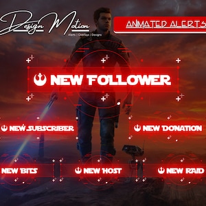 May include: Animated alerts for Twitch or YouTube streams with a Star Wars theme. The alerts are red with white text and a Star Wars logo. The text includes "New Follower", "New Subscriber", "New Donation", "New Bits", "New Host", and "New Raid".