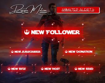 May include: Animated alerts for Twitch or YouTube streams with a Star Wars theme. The alerts are red with white text and a Star Wars logo. The text includes "New Follower", "New Subscriber", "New Donation", "New Bits", "New Host", and "New Raid".