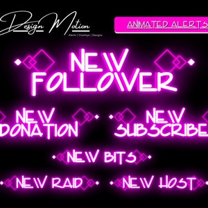 Animierte Neon Pink Twitch ALerts, Anhänger, Abonnenten, Donation Host, Bits und Raid Alarm in Pink mit transparentem Hintergrund.