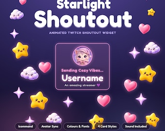 Widget de dédicace pour Twitch, superposition de dédicace animée et mignonne pour StreamElements, nom et message d'avatar, style kawaii pastel, dédicace Starlight