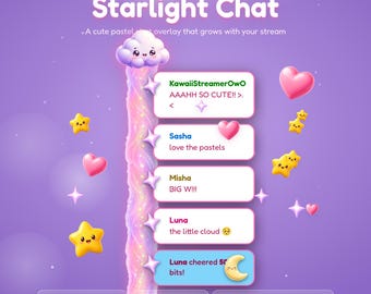 Widget de chat Kawaii, superposition de chat pastel mignonne pour Twitch et YouTube, boîte de chat animée StreamElements, chat étoilé, superposition chaleureuse