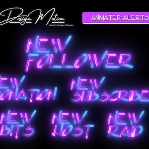 Animierte Neon Blau und Lila Alarme Follower, Abonnenten, Host, Bits und Raid Alarm mit transparentem Hintergrund
