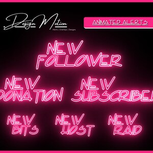 Animierte Neon Pink Alarme, Follower, Abonnenten, Spende, Host, Bits und Raid Alarm in Pink mit transparentem Hintergrund.
