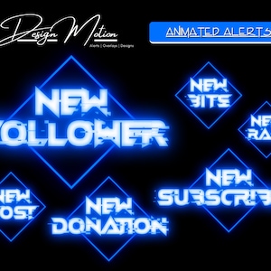 Animierter Glitch Stream, Twitch ALerts, Follower, Abonnenten, Host, Bits und Raid Alarm in Blau mit transparentem Hintergrund.