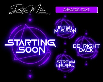 Superposition d'alertes de flux animée violet néon, texte de la scène, Twitch, OBS, superposition Streamlabs avec fond transparent