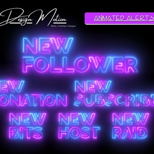 Animated Neon Twitch Alerts in Blue and Purple Follower, Subscriber, Host, Bits and Raid Alert Blue and Purple with transparent background