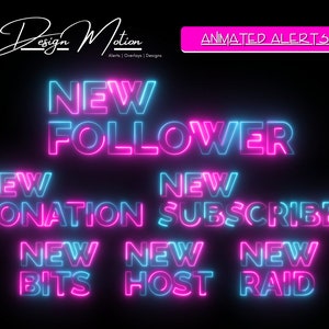 Avvisi Twitch animati al neon in blu e rosa per follower, iscritti, host, bit e raid. Blu e rosa con sfondo trasparente.