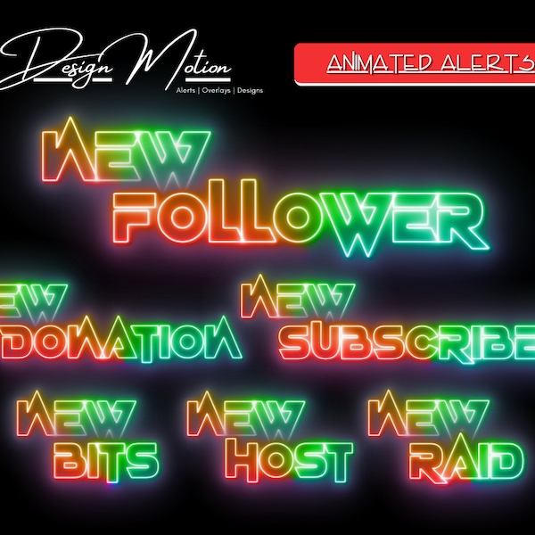 Animated Neon Twitch Alerts in Rainbow Follower, Subscriber, Donation, Host, Bits and Raid Alert Rainbow with transparent background