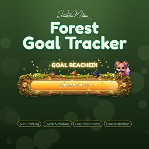 Könnte beinhalten: Ein digitaler Ziel-Tracker im Wald-Design mit einer hölzernen Balkenleiste, verziert mit grünem Moos, kleinen Blumen, einer Eichel, einem Pilz und einer Beere. Ein kleiner Fuchs sitzt rechts. Text: Forest Goal Tracker und GOAL REACHED!