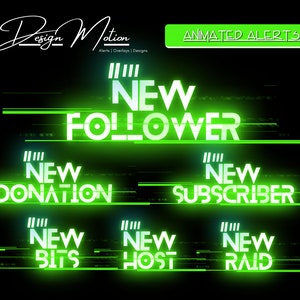 Animierte Neon Glitch Twitch ALerts, Follower, Abonnenten, Host, Bits und Raid Alarm in leuchtendem Grün mit transparentem Hintergrund.