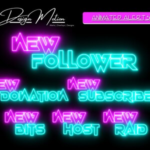 Animierte Neon Stream Alarms Pink und Grün, Follower, Abonnent, Donation Host, Bits und Raid Alarm mit transparentem Hintergrund