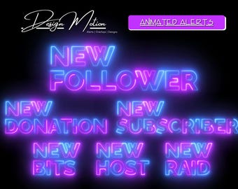 Alertes Twitch animées bleu néon et violet : abonnés, hôtes, Bits, Raid, fond transparent