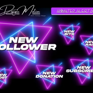 Animierte Neon Twitch ALerts in Blau, Lila und Pink Follower, Abonnenten, Donation, Host, Bits und Raid Alarm mit transparentem Hintergrund
